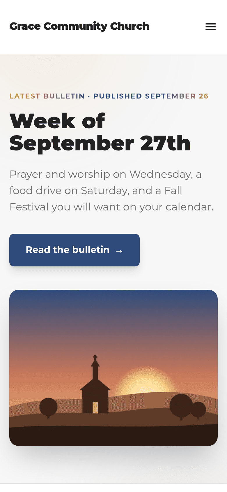 A church’s latest bulletin on a phone, published by NextSunday, with a Read the bulletin button.