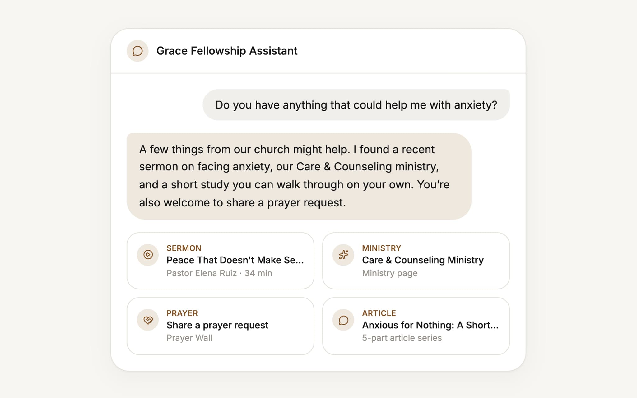 Ruach answering “Do you have anything that could help me with anxiety?” with a sermon, a ministry page, a prayer request and an article series.